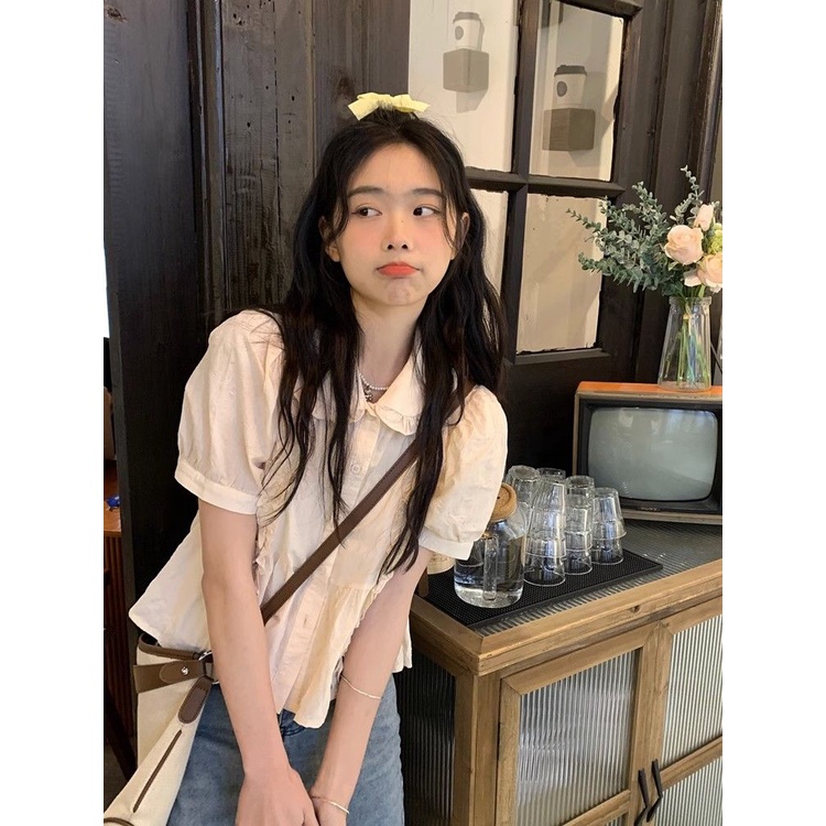 Jiashucheng Áo Sơ Mi Ngắn Tay Phồng Cổ Búp Bê Thiết Kế Nhẹ Nhàng Kiểu Pháp Thanh Lịch Cho Nữ