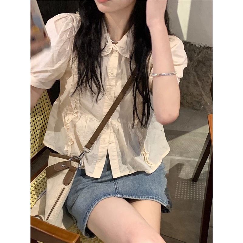 Jiashucheng Áo Sơ Mi Ngắn Tay Phồng Cổ Búp Bê Thiết Kế Nhẹ Nhàng Kiểu Pháp Thanh Lịch Cho Nữ