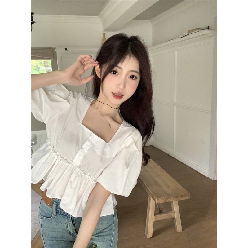 Jiashucheng Áo Sơ Mi Chiffon Tay Phồng Cổ Vuông Eo Cao Phong Cách Hàn Quốc Thời Trang Mùa Hè Cho Nữ