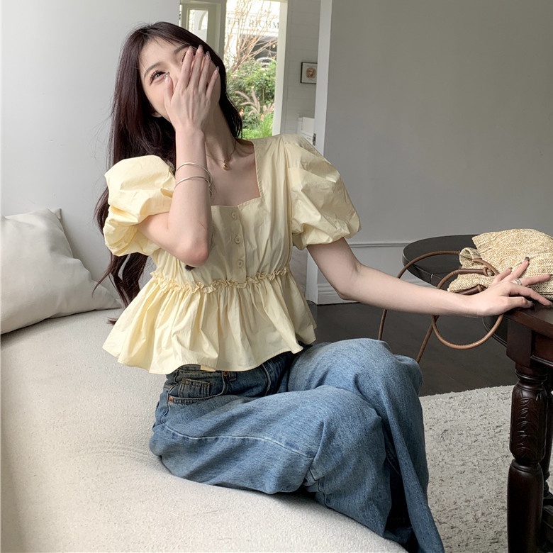 Jiashucheng Áo Sơ Mi Chiffon Tay Phồng Cổ Vuông Eo Cao Phong Cách Hàn Quốc Thời Trang Mùa Hè Cho Nữ