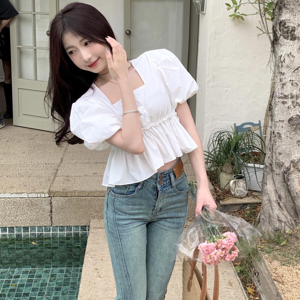 Jiashucheng Áo Sơ Mi Chiffon Tay Phồng Cổ Vuông Eo Cao Phong Cách Hàn Quốc Thời Trang Mùa Hè Cho Nữ