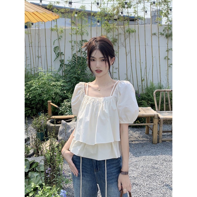 Jiashucheng Áo Sơ Mi Tay Ngắn Phồng Cổ Vuông Thời Trang Mùa Hè Hàn Quốc 2023 Mới