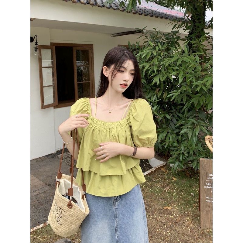 Jiashucheng Áo Sơ Mi Tay Ngắn Phồng Cổ Vuông Thời Trang Mùa Hè Hàn Quốc 2023 Mới