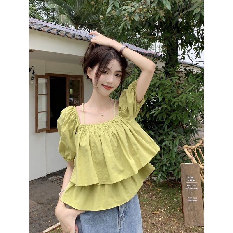 Jiashucheng Áo Sơ Mi Tay Ngắn Phồng Cổ Vuông Thời Trang Mùa Hè Hàn Quốc 2023 Mới