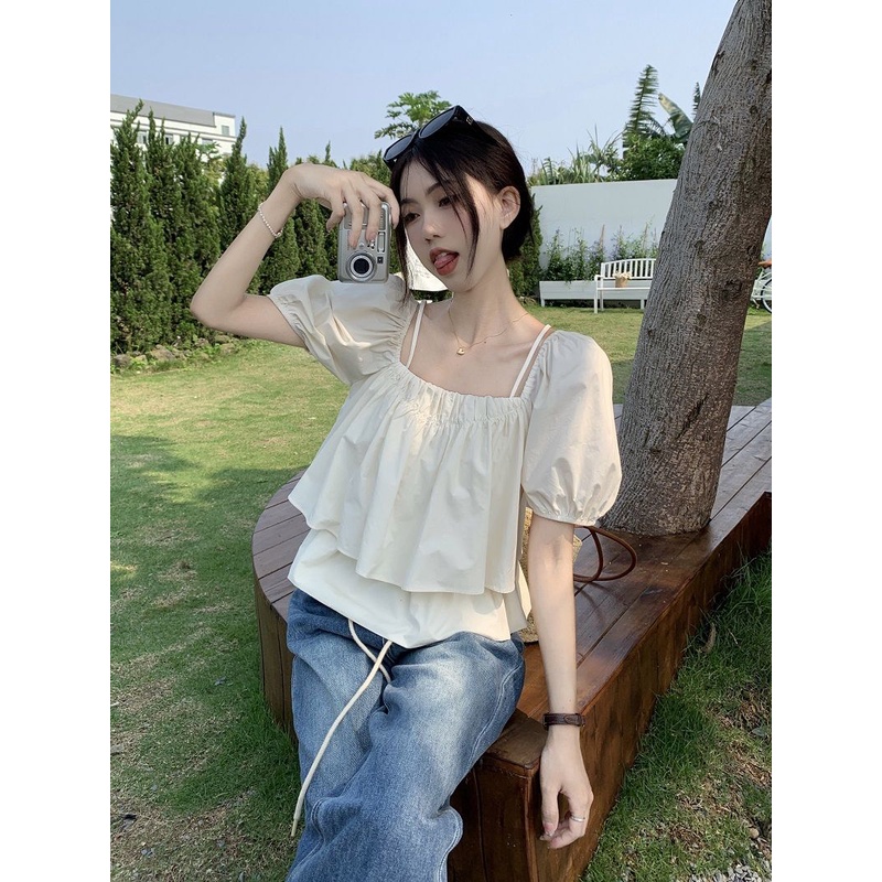 Jiashucheng Áo Sơ Mi Tay Ngắn Phồng Cổ Vuông Thời Trang Mùa Hè Hàn Quốc 2023 Mới