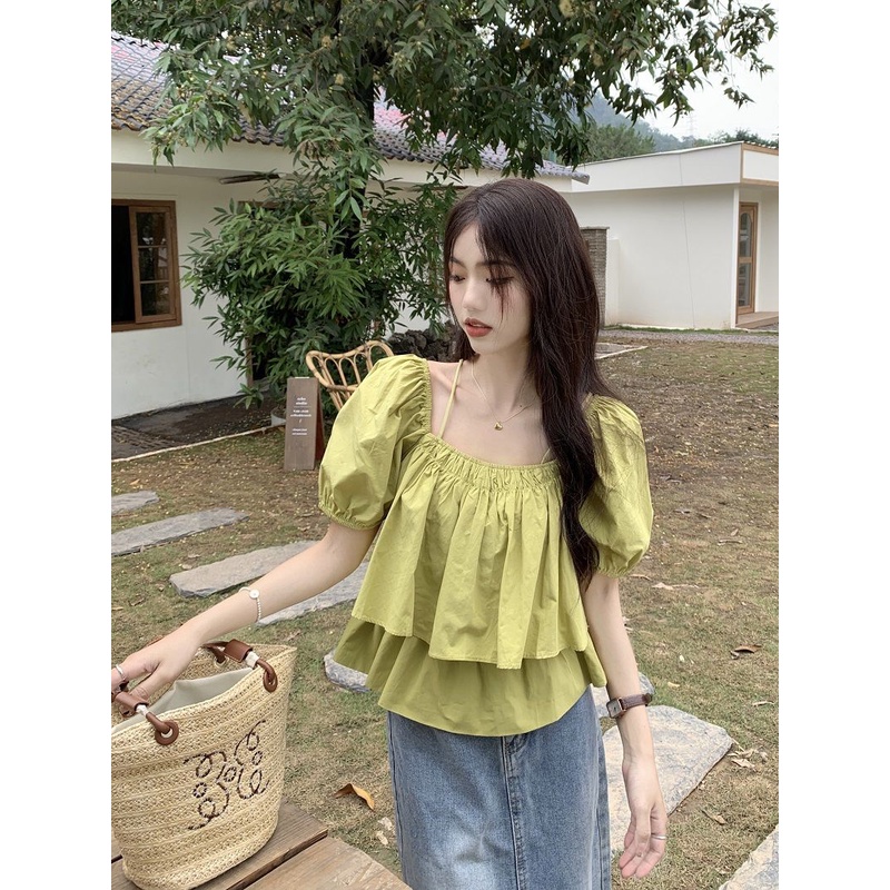 Jiashucheng Áo Sơ Mi Tay Ngắn Phồng Cổ Vuông Thời Trang Mùa Hè Hàn Quốc 2023 Mới