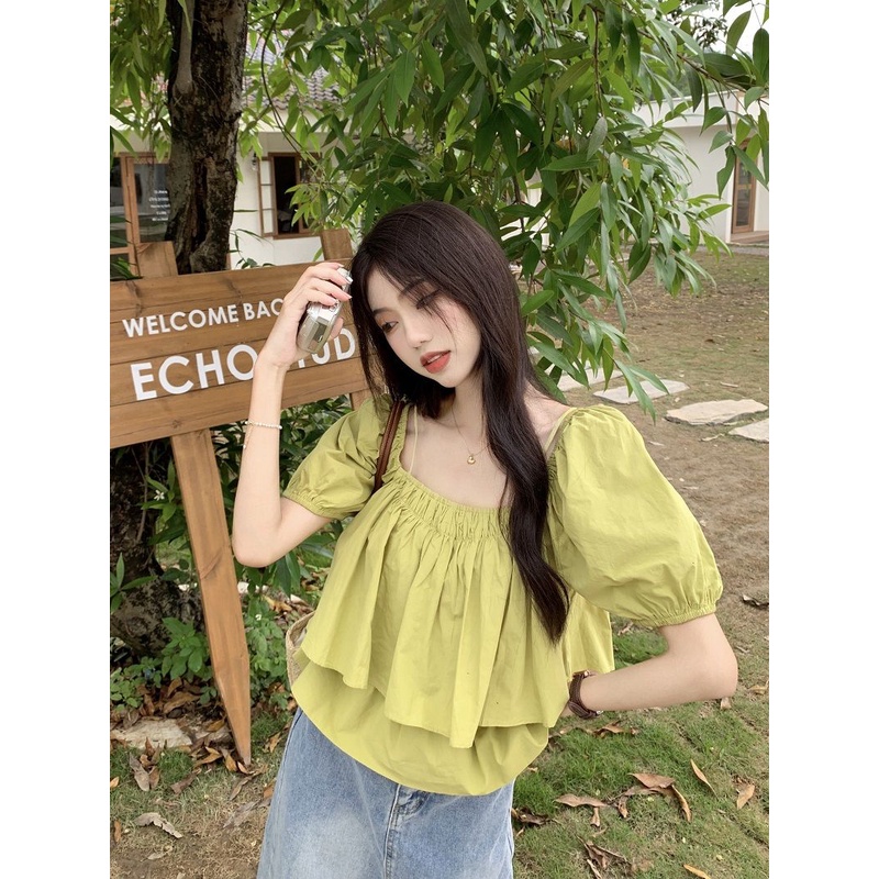 Jiashucheng Áo Sơ Mi Tay Ngắn Phồng Cổ Vuông Thời Trang Mùa Hè Hàn Quốc 2023 Mới