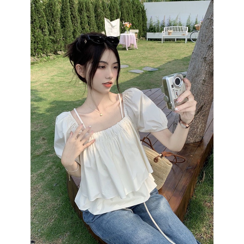 Jiashucheng Áo Sơ Mi Tay Ngắn Phồng Cổ Vuông Thời Trang Mùa Hè Hàn Quốc 2023 Mới