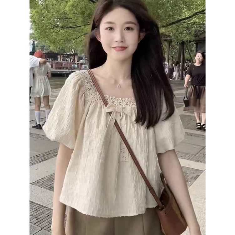 Jiashucheng Áo Kiểu Tay Phồng Cổ Vuông Phối Ren Thắt Nơ Phong Cách Pháp Ngọt Ngào Siêu Nữ Tính Ngọt Ngào Dễ Phối Đồ Thời Trang Mùa