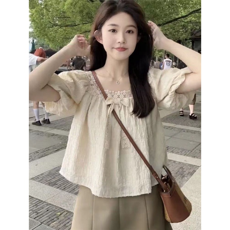 Jiashucheng Áo Kiểu Tay Phồng Cổ Vuông Phối Ren Thắt Nơ Phong Cách Pháp Ngọt Ngào Siêu Nữ Tính Ngọt Ngào Dễ Phối Đồ Thời Trang Mùa