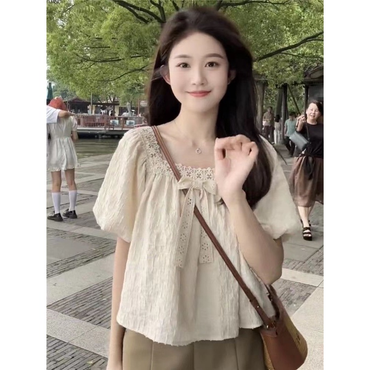 Jiashucheng Áo Kiểu Tay Phồng Cổ Vuông Phối Ren Thắt Nơ Phong Cách Pháp Ngọt Ngào Siêu Nữ Tính Ngọt Ngào Dễ Phối Đồ Thời Trang Mùa