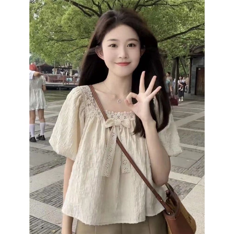 Jiashucheng Áo Kiểu Tay Phồng Cổ Vuông Phối Ren Thắt Nơ Phong Cách Pháp Ngọt Ngào Siêu Nữ Tính Ngọt Ngào Dễ Phối Đồ Thời Trang Mùa