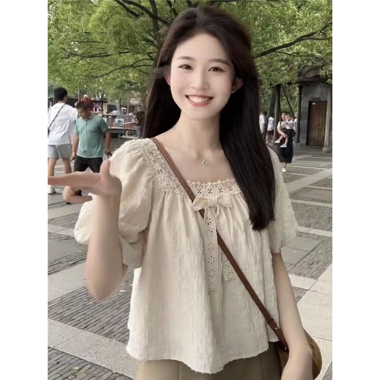 Jiashucheng Áo Kiểu Tay Phồng Cổ Vuông Phối Ren Thắt Nơ Phong Cách Pháp Ngọt Ngào Siêu Nữ Tính Ngọt Ngào Dễ Phối Đồ Thời Trang Mùa