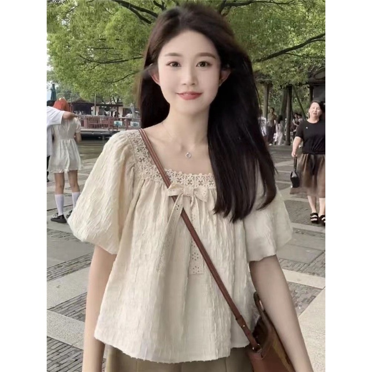 Jiashucheng Áo Kiểu Tay Phồng Cổ Vuông Phối Ren Thắt Nơ Phong Cách Pháp Ngọt Ngào Siêu Nữ Tính Ngọt Ngào Dễ Phối Đồ Thời Trang Mùa