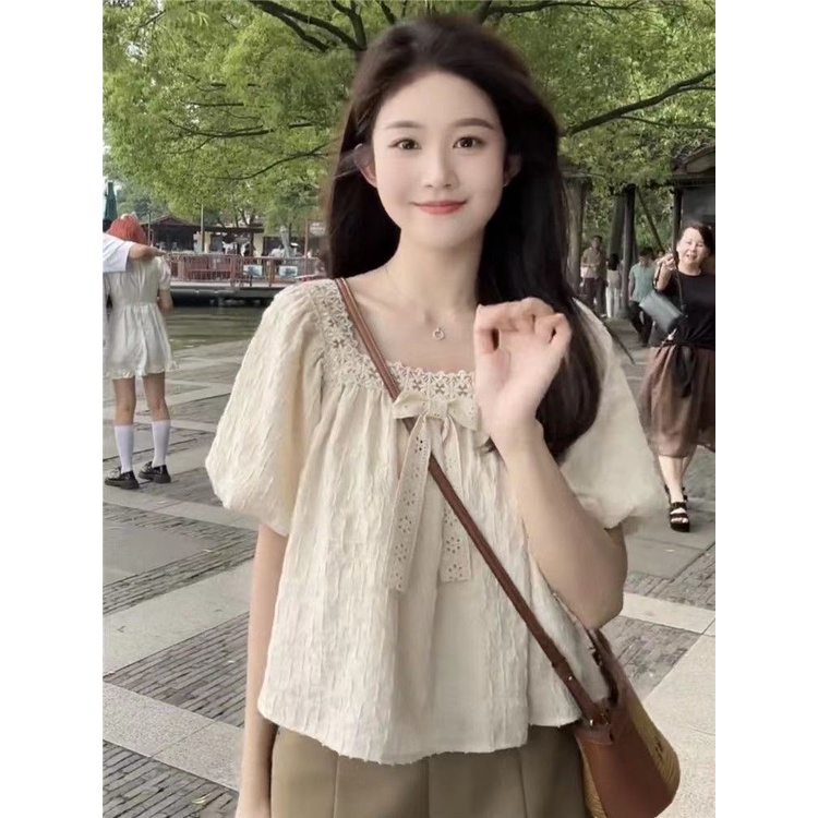 Jiashucheng Áo Kiểu Tay Phồng Cổ Vuông Phối Ren Thắt Nơ Phong Cách Pháp Ngọt Ngào Siêu Nữ Tính Ngọt Ngào Dễ Phối Đồ Thời Trang Mùa