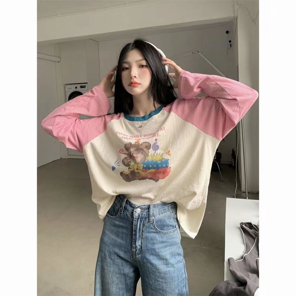 Jiashucheng Áo Thun Tay Dài Dáng Rộng Phối Màu Tương Phản Thời Trang Mùa Thu Cho Nữ 100kg