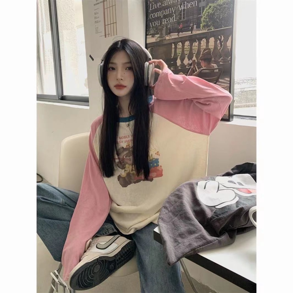 Jiashucheng Áo Thun Tay Dài Dáng Rộng Phối Màu Tương Phản Thời Trang Mùa Thu Cho Nữ 100kg
