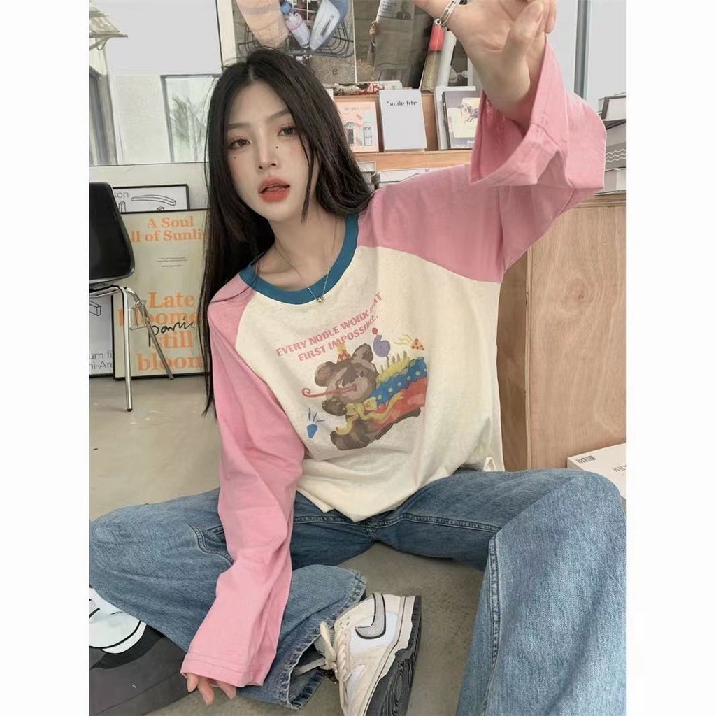 Jiashucheng Áo Thun Tay Dài Dáng Rộng Phối Màu Tương Phản Thời Trang Mùa Thu Cho Nữ 100kg