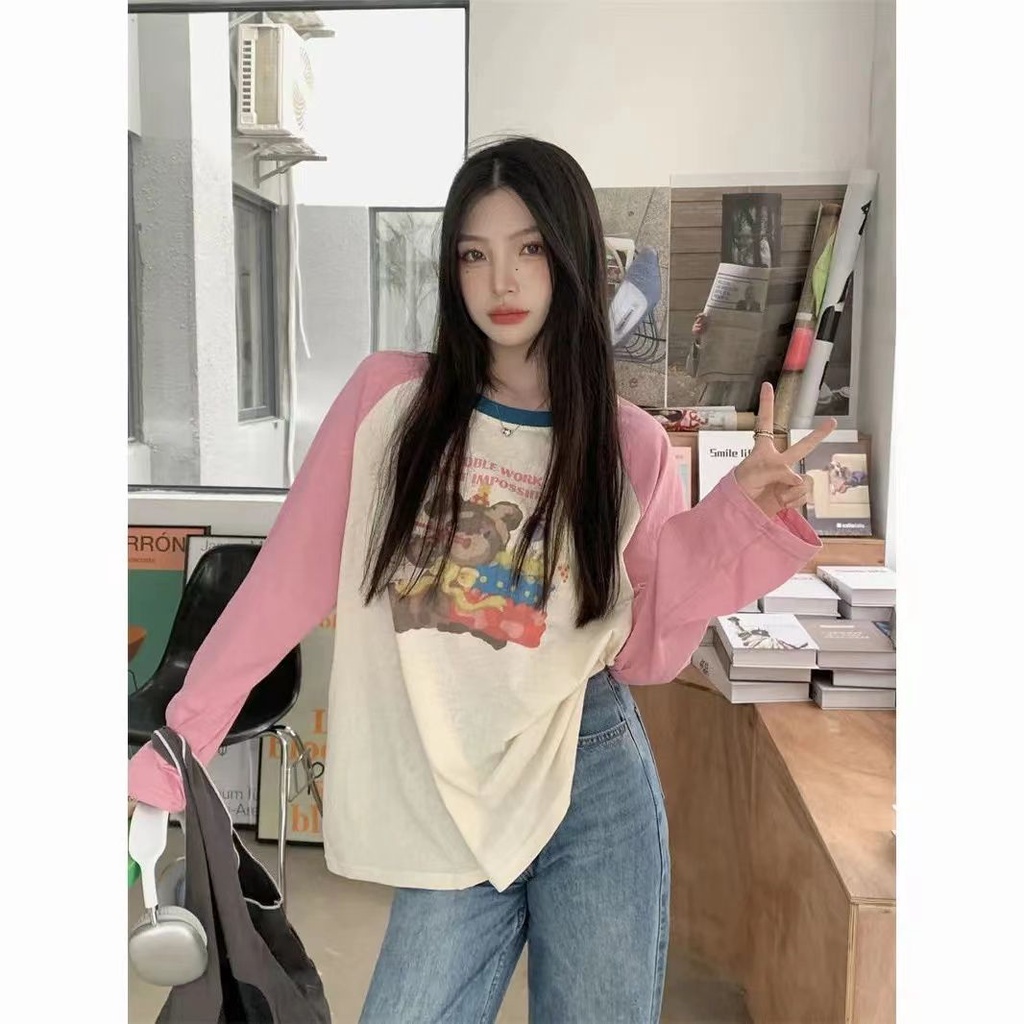 Jiashucheng Áo Thun Tay Dài Dáng Rộng Phối Màu Tương Phản Thời Trang Mùa Thu Cho Nữ 100kg