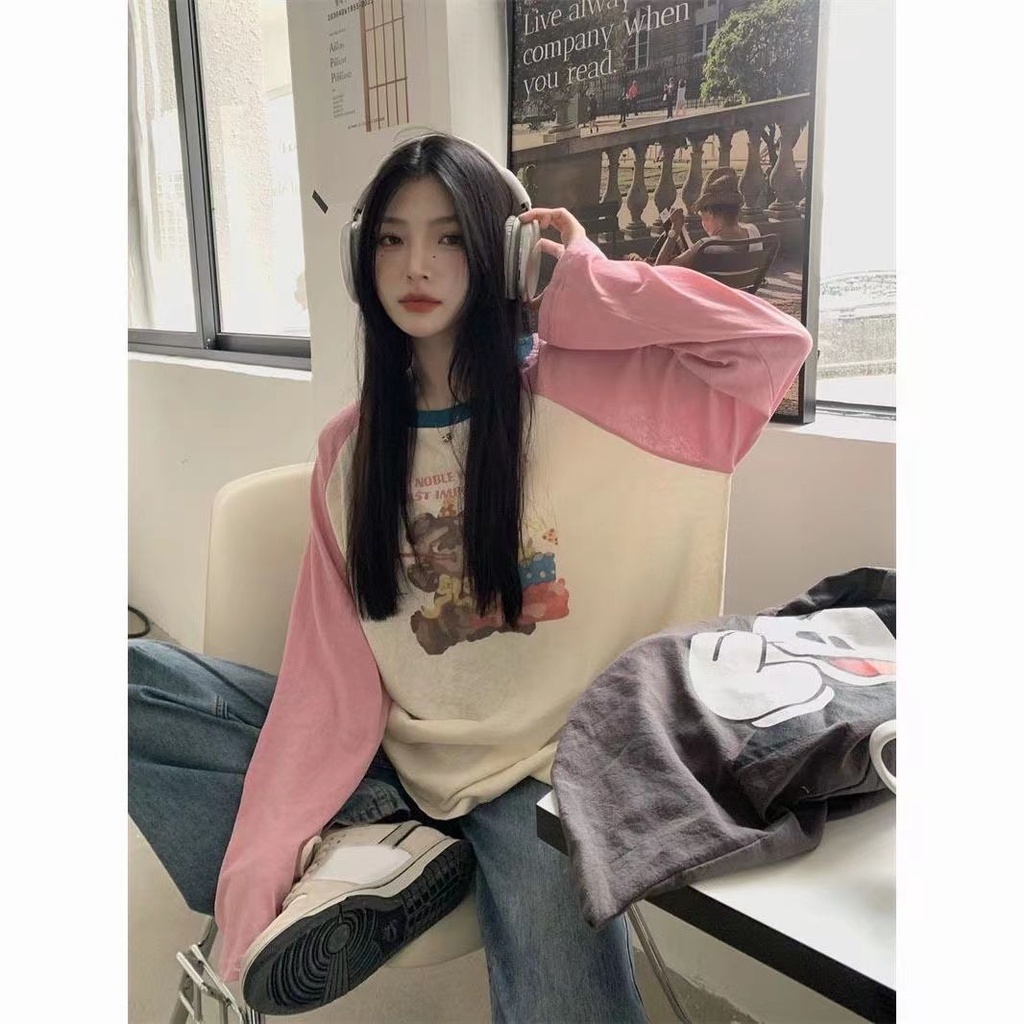 Jiashucheng Áo Thun Tay Dài Dáng Rộng Phối Màu Tương Phản Thời Trang Mùa Thu Cho Nữ 100kg