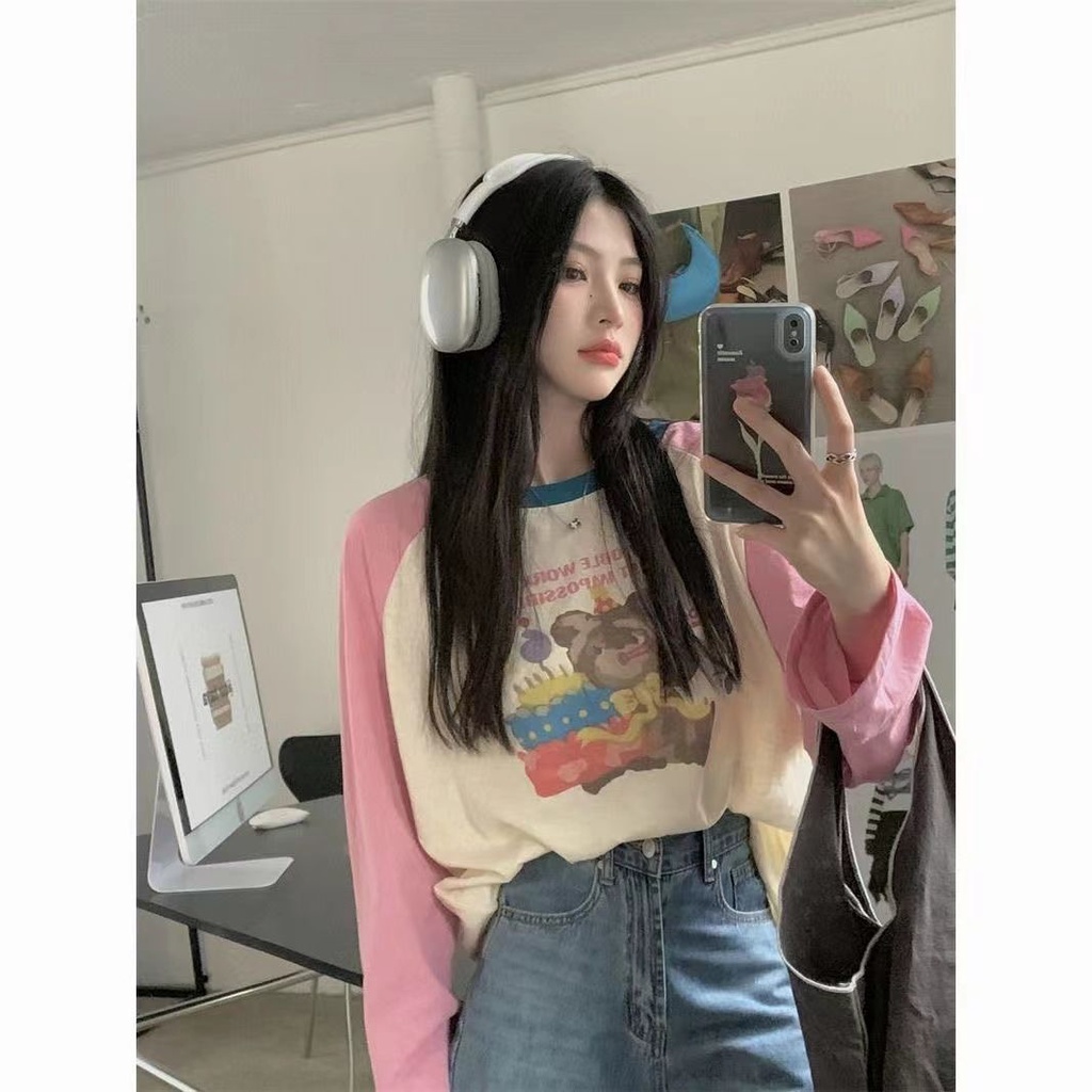 Jiashucheng Áo Thun Tay Dài Dáng Rộng Phối Màu Tương Phản Thời Trang Mùa Thu Cho Nữ 100kg