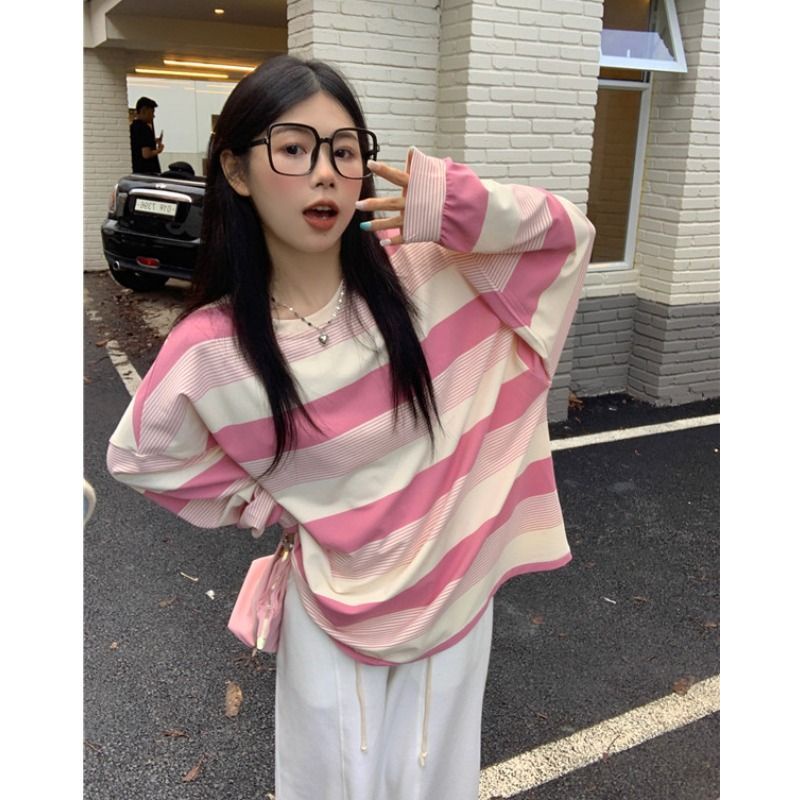Jiashucheng Áo Thun Tay Dài Dáng Rộng Họa Tiết Kẻ Sọc Màu Hồng Thời Trang Xuân Thu Cho Nữ