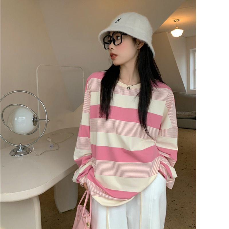 Jiashucheng Áo Thun Tay Dài Dáng Rộng Họa Tiết Kẻ Sọc Màu Hồng Thời Trang Xuân Thu Cho Nữ