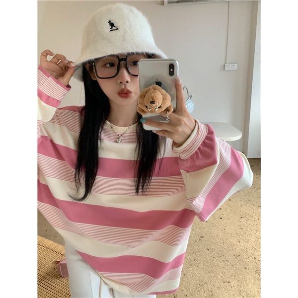 Jiashucheng Áo Thun Tay Dài Dáng Rộng Họa Tiết Kẻ Sọc Màu Hồng Thời Trang Xuân Thu Cho Nữ