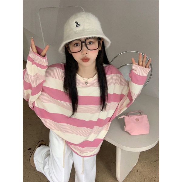 Jiashucheng Áo Thun Tay Dài Dáng Rộng Họa Tiết Kẻ Sọc Màu Hồng Thời Trang Xuân Thu Cho Nữ