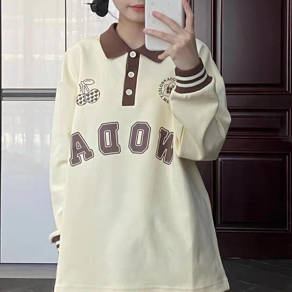 Jiashucheng Áo Sweatshirt Dáng Rộng Cổ POLO Màu Mơ Phong Cách Hàn Quốc Thời Trang Mùa Thu Mới Dành Cho Nữ Sinh Mỹ