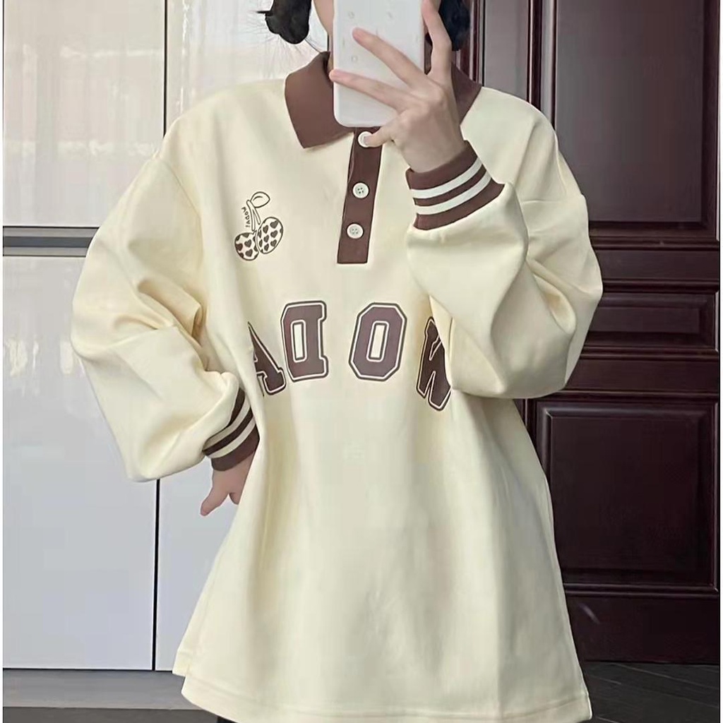 Jiashucheng Áo Sweatshirt Dáng Rộng Cổ POLO Màu Mơ Phong Cách Hàn Quốc Thời Trang Mùa Thu Mới Dành Cho Nữ Sinh Mỹ