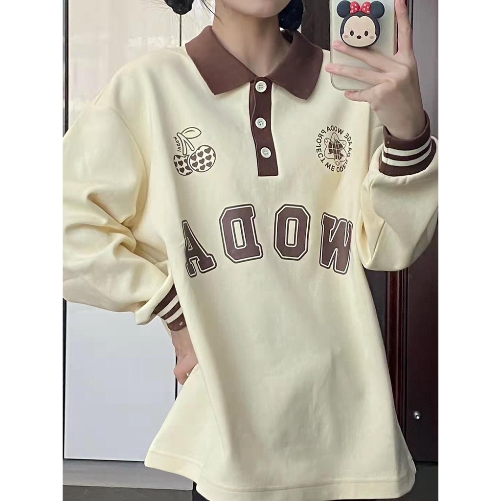 Jiashucheng Áo Sweatshirt Dáng Rộng Cổ POLO Màu Mơ Phong Cách Hàn Quốc Thời Trang Mùa Thu Mới Dành Cho Nữ Sinh Mỹ