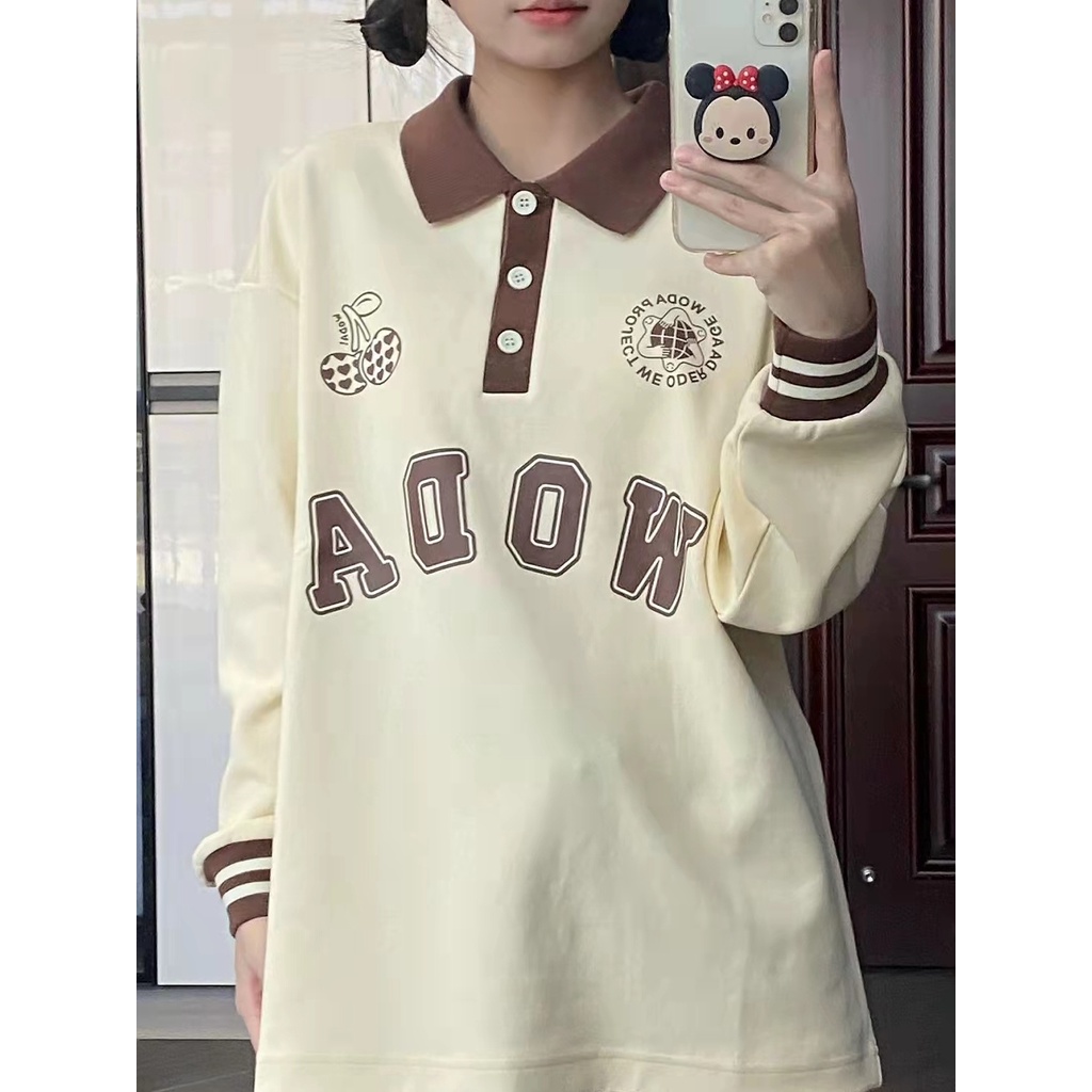 Jiashucheng Áo Sweatshirt Dáng Rộng Cổ POLO Màu Mơ Phong Cách Hàn Quốc Thời Trang Mùa Thu Mới Dành Cho Nữ Sinh Mỹ