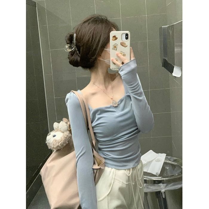 Jiashucheng Áo Thun Tay Dài Cổ Vuông Dáng Ôm Màu Xanh Dương Phong Cách Mùa Thu Mới Sang Trọng Cho Nữ