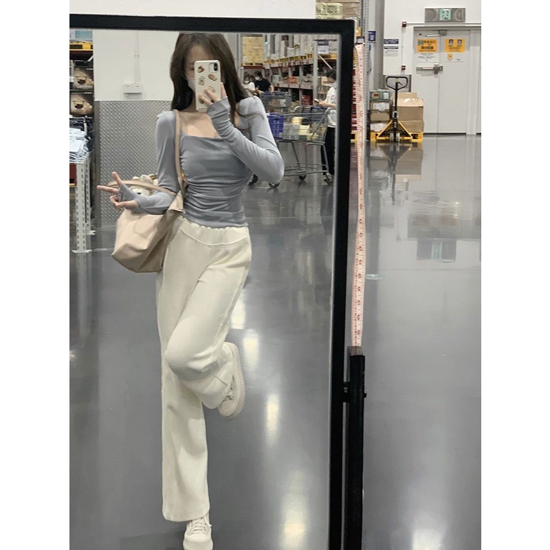 Jiashucheng Áo Thun Tay Dài Cổ Vuông Dáng Ôm Màu Xanh Dương Phong Cách Mùa Thu Mới Sang Trọng Cho Nữ