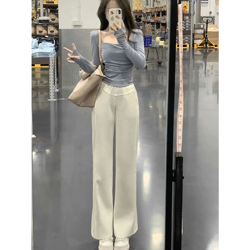 Jiashucheng Áo Thun Tay Dài Cổ Vuông Dáng Ôm Màu Xanh Dương Phong Cách Mùa Thu Mới Sang Trọng Cho Nữ