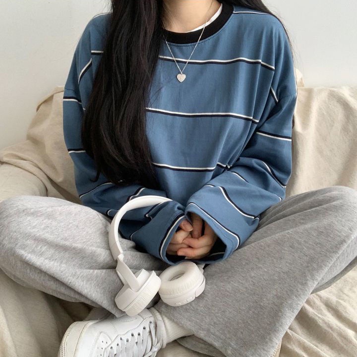 Jiashucheng Áo Thun Dài Tay Họa Tiết Kẻ Sọc Phong Cách Hàn Quốc Cho Nữ