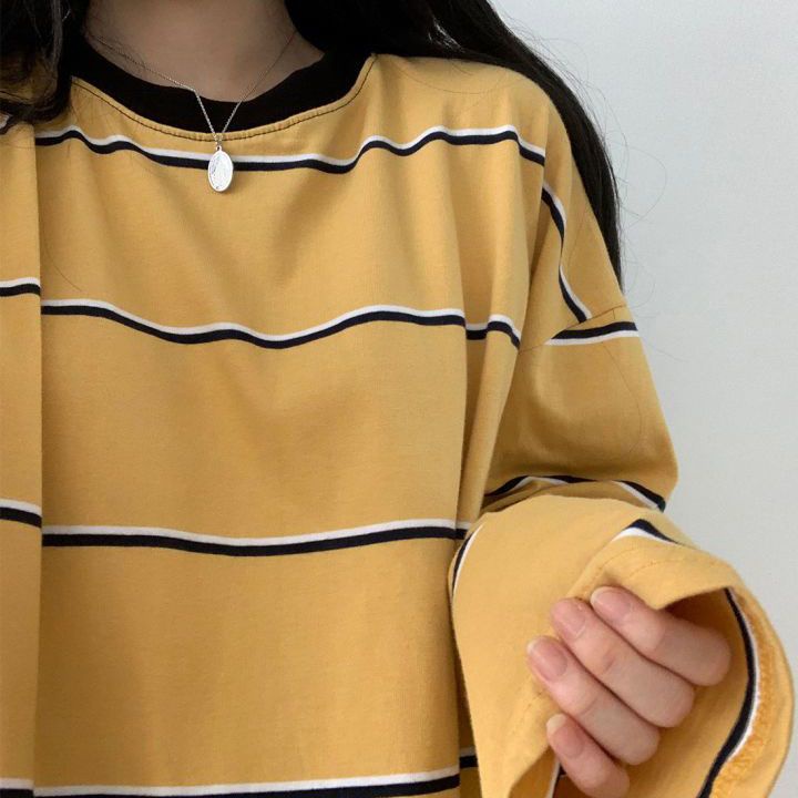 Jiashucheng Áo Thun Dài Tay Họa Tiết Kẻ Sọc Phong Cách Hàn Quốc Cho Nữ