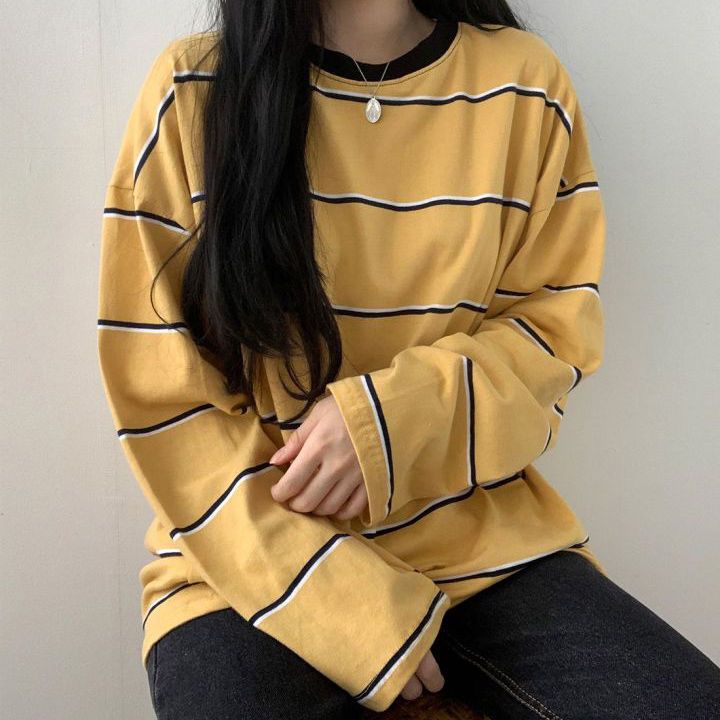 Jiashucheng Áo Thun Dài Tay Họa Tiết Kẻ Sọc Phong Cách Hàn Quốc Cho Nữ