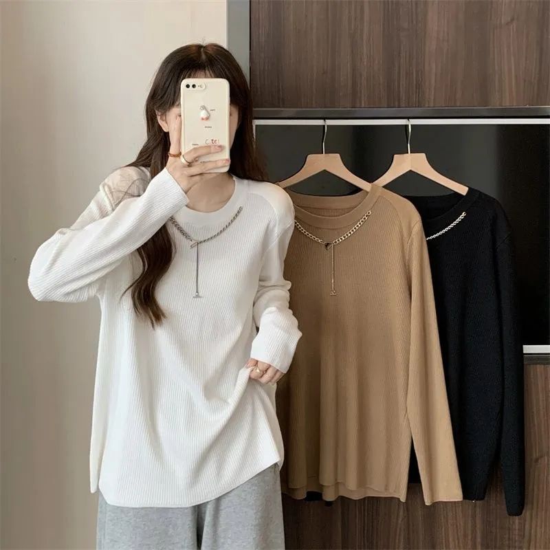 Jiashucheng Áo Thun Tay Dài Dáng Rộng Màu Trơn Phối Dây Xích Thời Trang Xuân Thu 2023 Mới