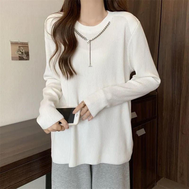Jiashucheng Áo Thun Tay Dài Dáng Rộng Màu Trơn Phối Dây Xích Thời Trang Xuân Thu 2023 Mới