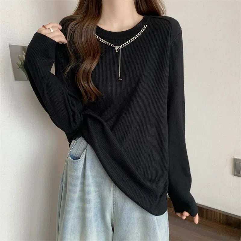 Jiashucheng Áo Thun Tay Dài Dáng Rộng Màu Trơn Phối Dây Xích Thời Trang Xuân Thu 2023 Mới
