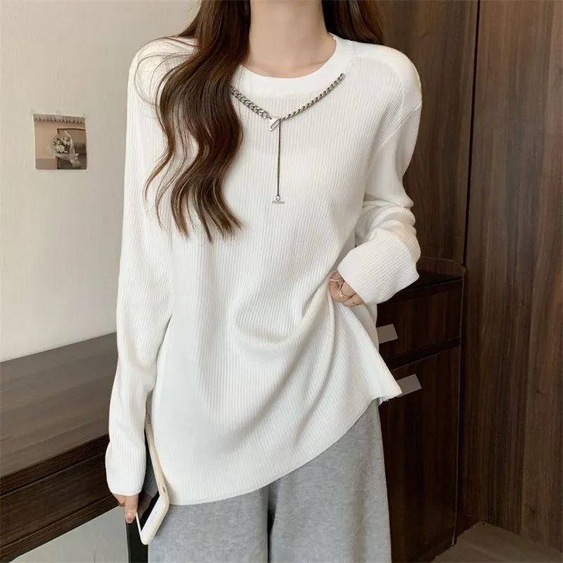 Jiashucheng Áo Thun Tay Dài Dáng Rộng Màu Trơn Phối Dây Xích Thời Trang Xuân Thu 2023 Mới
