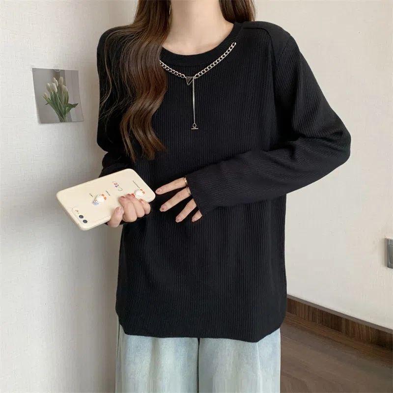 Jiashucheng Áo Thun Tay Dài Dáng Rộng Màu Trơn Phối Dây Xích Thời Trang Xuân Thu 2023 Mới