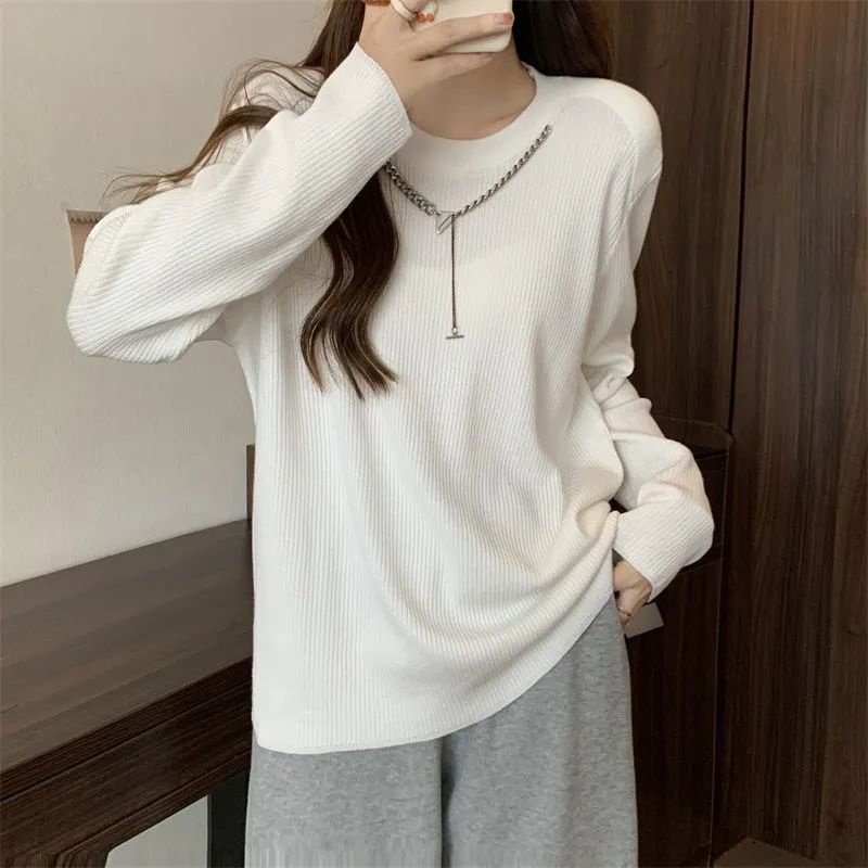 Jiashucheng Áo Thun Tay Dài Dáng Rộng Màu Trơn Phối Dây Xích Thời Trang Xuân Thu 2023 Mới
