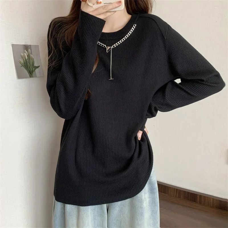 Jiashucheng Áo Thun Tay Dài Dáng Rộng Màu Trơn Phối Dây Xích Thời Trang Xuân Thu 2023 Mới