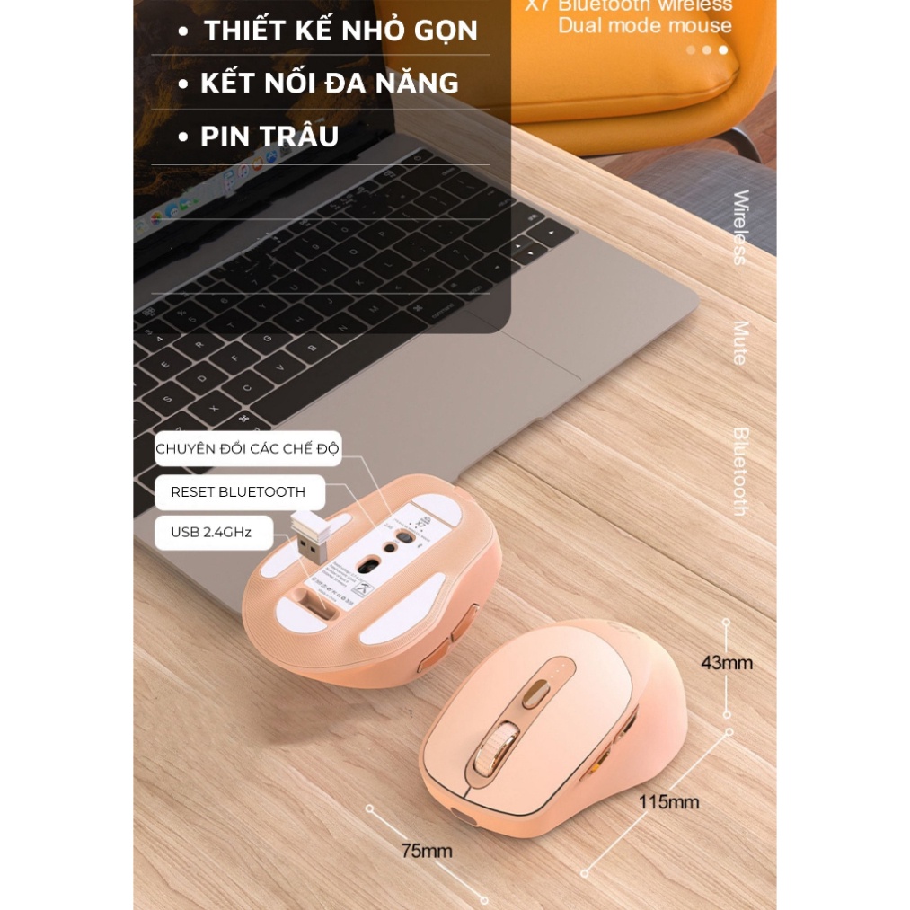 Chuột Không Dây Máy Tính Bluetooth X7 Wireless Pin Sạc Kết Nối 2 Chế Độ Cho Mọi Thiết Bị Máy Tính, Laptop HOT HOT