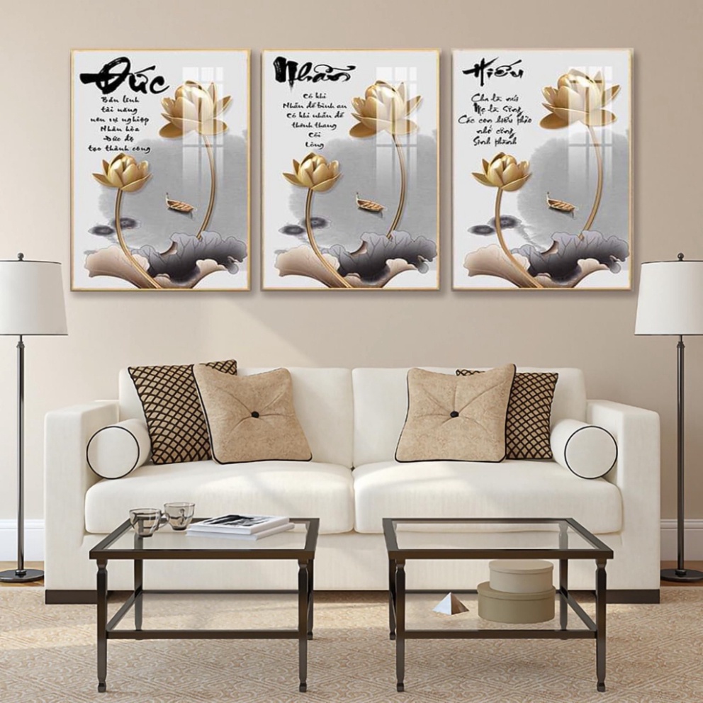 Tranh Tráng gương (40X60CMX3B) Tranh Treo Tường Thư Pháp ĐỨC - NHẪN - HIẾU
