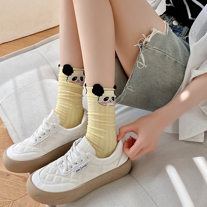 Jiashucheng Vớ Lưới Ba Chiều Bằng Cotton Mỏng Thoáng Khí Không Xương Đầu Gấu Trúc Hoạt Hình Dễ Thương Mùa Hè Dành Cho Bạn Nữ