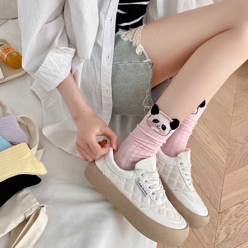 Jiashucheng Vớ Lưới Ba Chiều Bằng Cotton Mỏng Thoáng Khí Không Xương Đầu Gấu Trúc Hoạt Hình Dễ Thương Mùa Hè Dành Cho Bạn Nữ